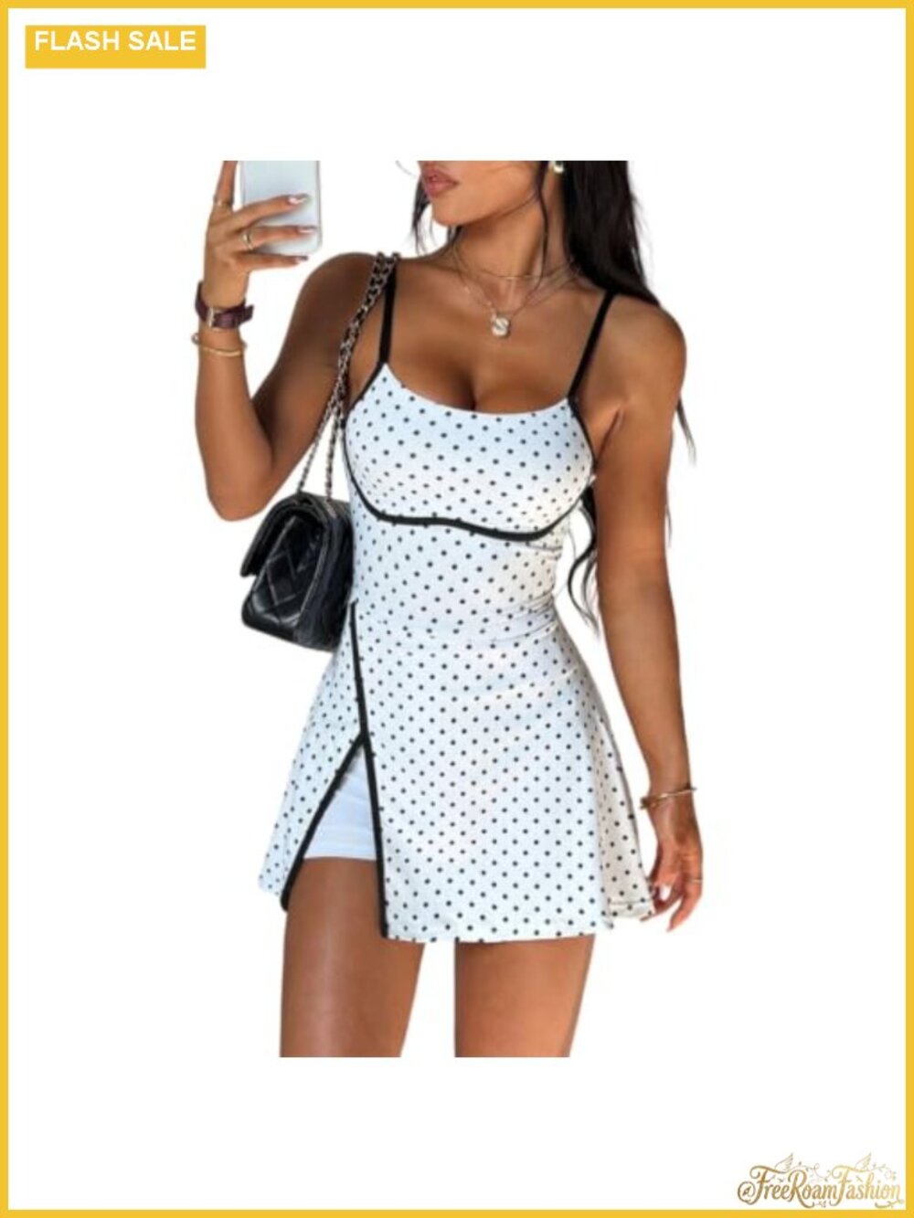 Y2K Polka Dot Tennis Dress Square Neck Spaghetti Strap Side Slit Active Golf
